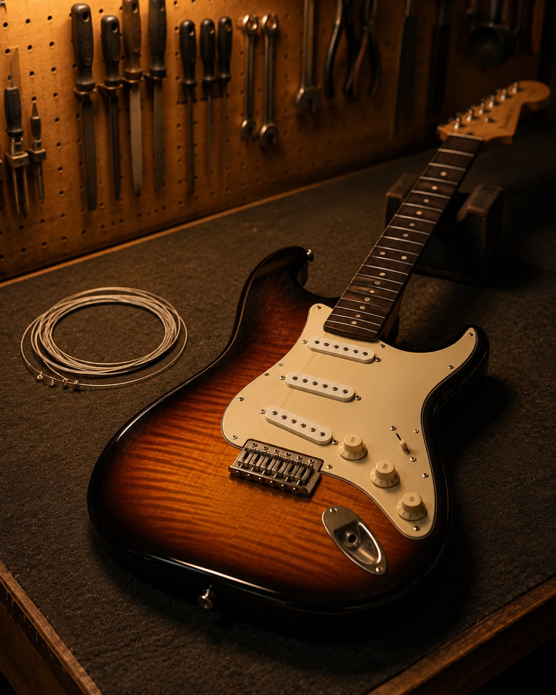 Guitarra eléctrica sin cuerdas sobre el banco de trabajo, lista para encordar